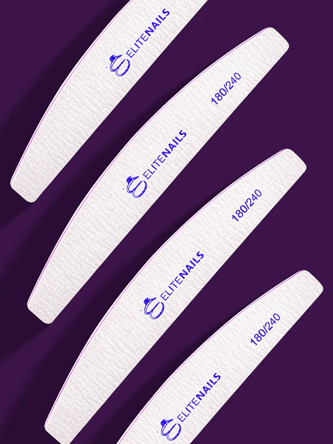 Купить на CrossVill набор из 10 профессиональных двухсторонних пилок Elite Nails для маникюра и педикюра с мягкой абразивностью 180/240 грит.