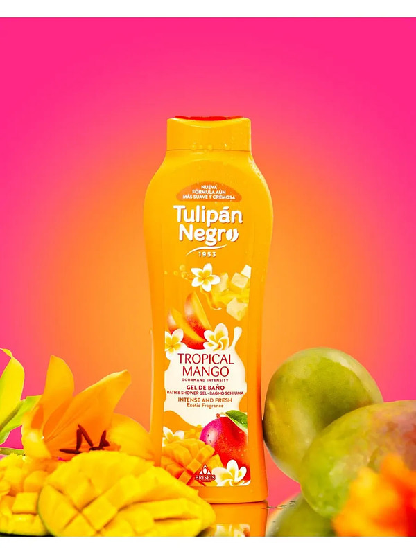 Купить на CrossVill испанский гель для душа Tulipán Negro Tropical Mango (650 мл) с экзотическим ароматом манго для сухой кожи, 0% парабенов.