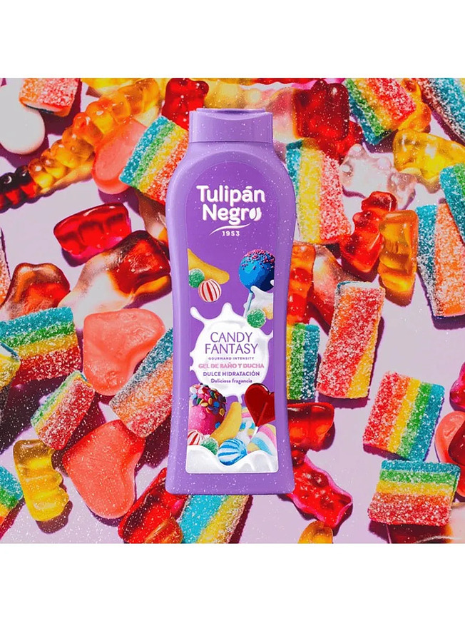 Купить на CrossVill испанский гель для душа Tulipán Negro Candy Fantasy (650 мл) со сладким конфетным ароматом для сухой кожи, без парабенов.