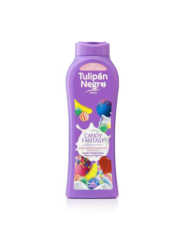 Купить на CrossVill испанский гель для душа Tulipán Negro Candy Fantasy (650 мл) со сладким конфетным ароматом для сухой кожи, без парабенов.