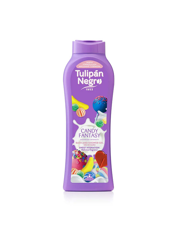 Купить на CrossVill испанский гель для душа Tulipán Negro Candy Fantasy (650 мл) со сладким конфетным ароматом для сухой кожи, без парабенов.