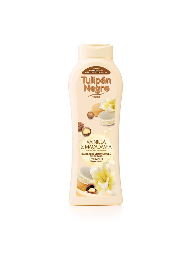 Купить на CrossVill испанский гель для душа Tulipán Negro (650 мл) с ароматом ванили и ореха макадамия для интенсивного питания сухой кожи, без парабенов.