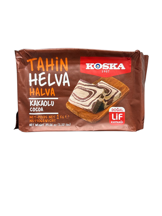 Купить на CrossVill турецкую тахинную халву Koska Kakaolu Cocoa (весом 500 г) с какао в коричневой упаковке с мраморным узором десерта.