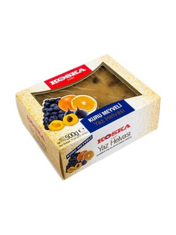 Купить на CrossVill турецкую летнюю халву Koska Kuru Meyveli Yaz Helvası (весом 500 г) с сухофруктами в картонной коробке с прозрачным окном.