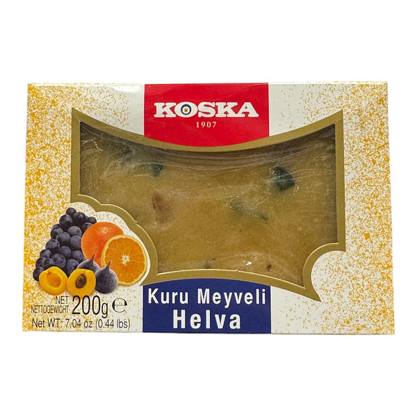 Купить на CrossVill турецкую летнюю халву Koska Kuru Meyveli Yaz Helvası (весом 500 г) с сухофруктами в картонной коробке с прозрачным окном.