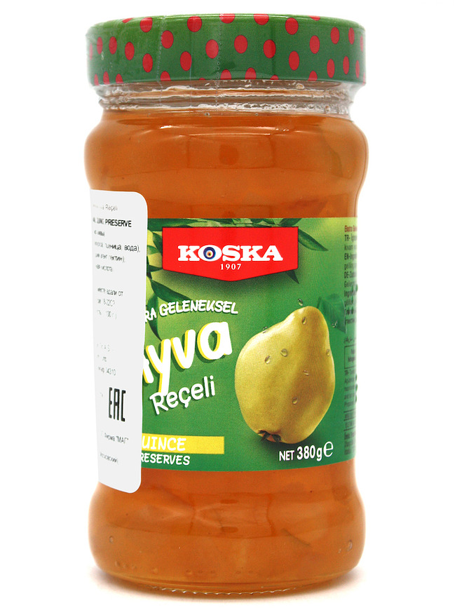 Купить на CrossVill натуральное турецкое варенье джем из айвы Koska Ayva Reçeli Quince Preserve (весом 380 г) в стеклянной банке с зеленой этикеткой.