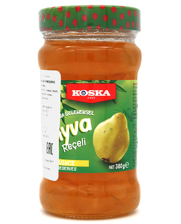 Купить на CrossVill натуральное турецкое варенье джем из айвы Koska Ayva Reçeli Quince Preserve (весом 380 г) в стеклянной банке с зеленой этикеткой.