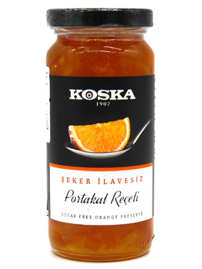 Купить на CrossVill турецкое апельсиновое варенье джем Koska Şeker İlavesiz Portakal Reçeli без добавления сахара в стеклянной банке с черной этикеткой.