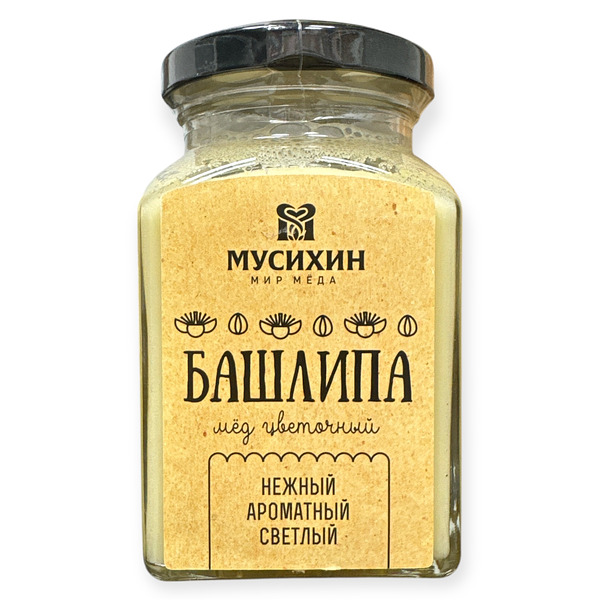 Купить на CrossVill натуральный цветочный мёд Мусихин Мир Мёда Башлипа нежный ароматный светлый в квадратной стеклянной банке с черной крышкой.