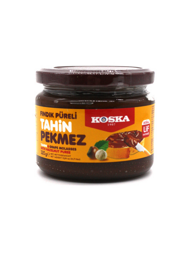 Купить на CrossVill оригинальную турецкую пасту Koska Tahin Pekmez с фундучным пюре весом 320 грамм в стеклянной банке с оранжевой этикеткой.
