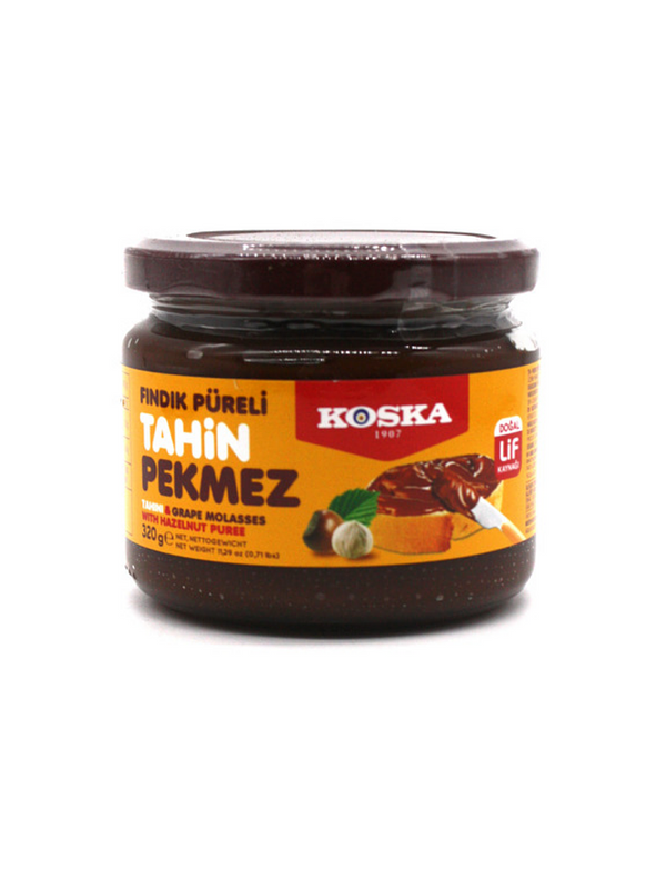 Купить на CrossVill оригинальную турецкую пасту Koska Tahin Pekmez с фундучным пюре весом 320 грамм в стеклянной банке с оранжевой этикеткой.