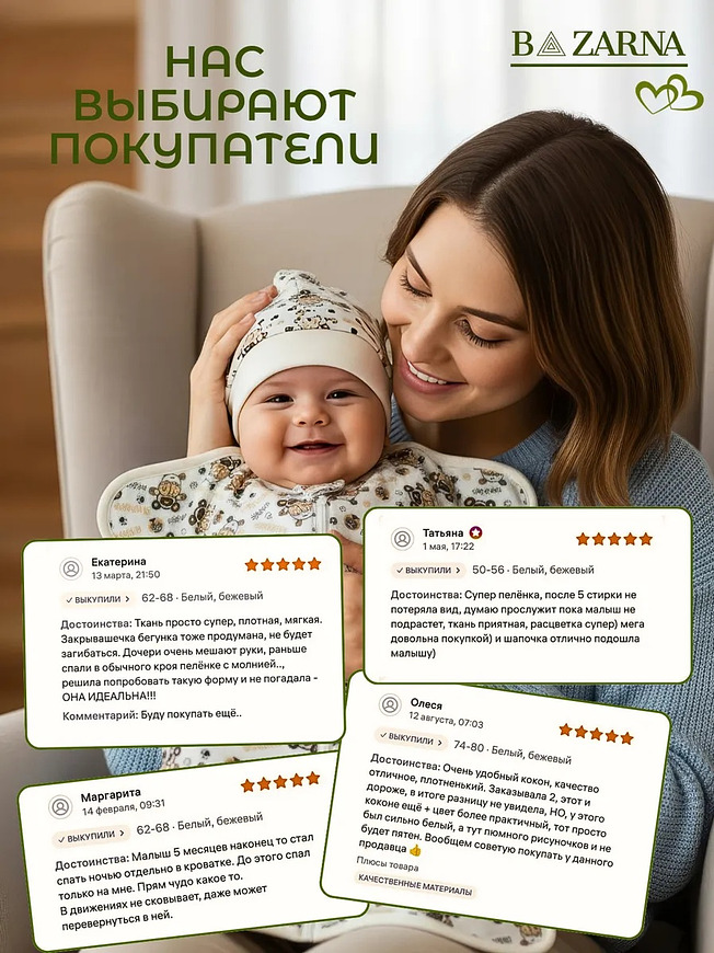 Пеленка-кокон для новорожденных на молнии хлопковая, спальный мешок конверт для сна малышей BAZARNA