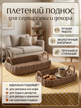 Плетёный поднос из бумажной лозы ручной работы — стильный эко поднос для дома