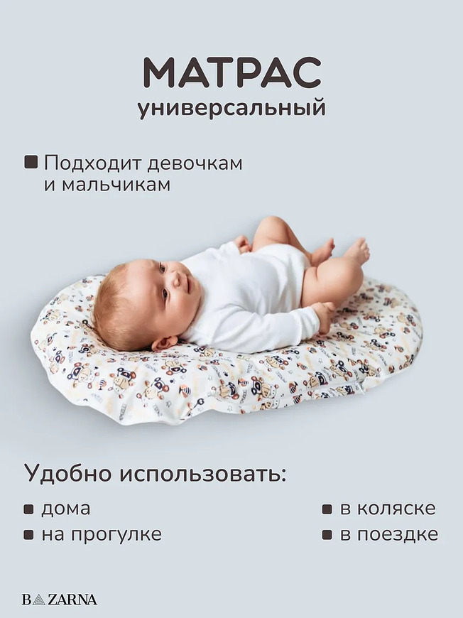 Матрас-кокон для новорожденных анатомический с 2 сменными чехлами, позиционер для сна малышей BAZARNA