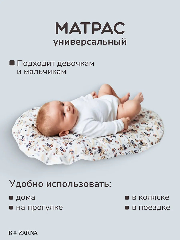 Матрас-кокон для новорожденных анатомический с 2 сменными чехлами, позиционер для сна малышей BAZARNA