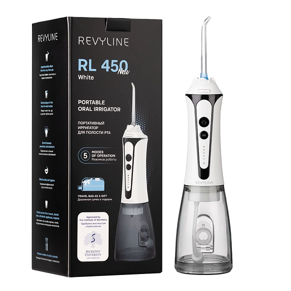 Портативный ирригатор Revyline RL 450 New создан для высококачественного ухода за полостью рта. высокомощный портативный ирригатор, предназначенный для качественного ухода за полостью рта, брекетами и имплантами. 5 режимами работы, 5 насадок, дорожная сумка